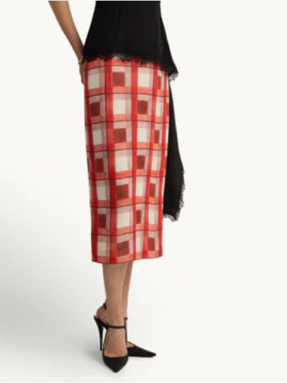 Checked Red Midi Pencil Skirt